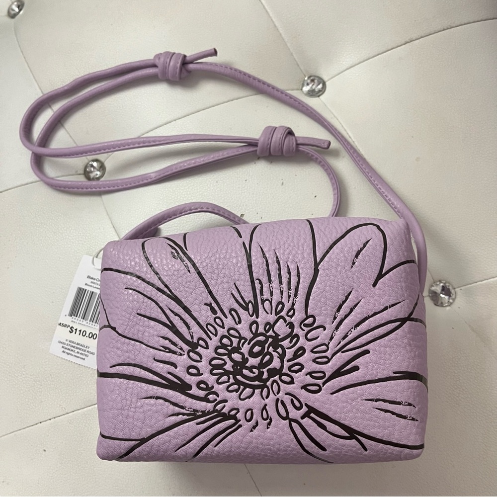 NWT Vera Bradley Genuine Leather Embossed Flower Crossbody Bag Lavender Purple